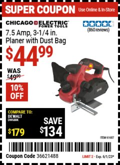 Harbor Freight Coupon 3-1/4" HEAVY DUTY ELECTRIC PLANER WITH DUST BAG Lot No. 61393/95838/61687 Expired: 6/1/23 - $44.99