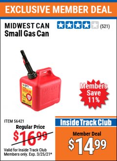 Harbor Freight ITC Coupon MIDWEST CAN SMALL GAS CAN Lot No. 56421 Expired: 3/25/21 - $14.99