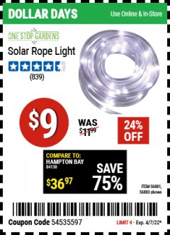 Harbor Freight Coupon ONE STOP GARDENS SOLAR ROPE LIGHT Lot No. 56883 Expired: 4/7/22 - $0.09