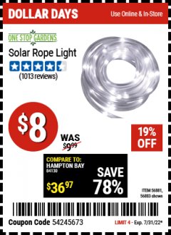 Harbor Freight Coupon ONE STOP GARDENS SOLAR ROPE LIGHT Lot No. 56883 Expired: 7/31/22 - $8
