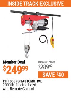 Harbor Freight ITC Coupon PITTSBURGH AUTOMOTIVE 2000 LB. ELECTRIC HOIST WITH REMOTE CONTROL Lot No. 62770 Expired: 7/29/21 - $249.99