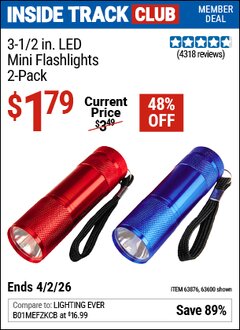 Harbor Freight ITC Coupon 3-1/2 IN. LED MINI FLASHLIGHTS, 2-PACK Lot No. 63600/63876 Dates Valid: 12/31/69 - 4/2/26 - $1.79