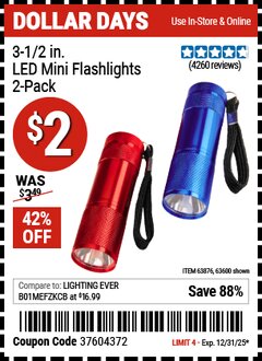 Harbor Freight Coupon 3-1/2 IN. LED MINI FLASHLIGHTS, 2-PACK Lot No. 63600/63876 Valid Thru: 12/31/25 - $2