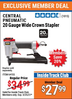 Harbor Freight ITC Coupon CENTRAL PNEUMATIC 20 GAUGE WIDE CROWN STAPLER Lot No. 64155 Expired: 3/25/21 - $27.99