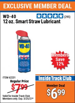 Harbor Freight ITC Coupon WD-40 12 OZ. SMART STRAW LUBRICANT Lot No. 62231 Expired: 3/25/21 - $6.99