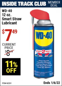 Harbor Freight ITC Coupon WD-40 12 OZ. SMART STRAW LUBRICANT Lot No. 62231 Expired: 1/6/22 - $7.49