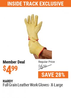 Harbor Freight ITC Coupon HARDY FULL GRAIN LEATHER WORK GLOVES X-LARGE Lot No. 63154 Expired: 5/31/21 - $4.99