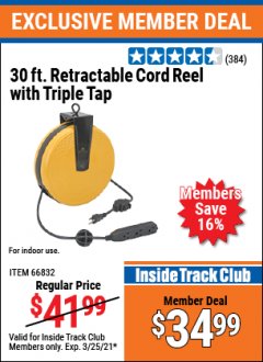 Harbor Freight ITC Coupon 30 FT. RETRACTABLE CORD REEL WITH TRIPLE TAP Lot No. 66832/61642 Expired: 3/25/21 - $34.99