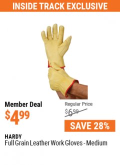 Harbor Freight ITC Coupon HARDY FULL GRAIN LEATHER WORK GLOVES MEDIUM Lot No. 63153 Expired: 5/31/21 - $4.99