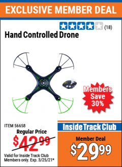 Harbor Freight ITC Coupon HAND CONTROLLED DRONE Lot No. 56658 Expired: 3/25/21 - $29.99