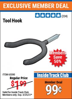 Harbor Freight ITC Coupon TOOL HOOK Lot No. 65590 Expired: 3/25/21 - $0.99