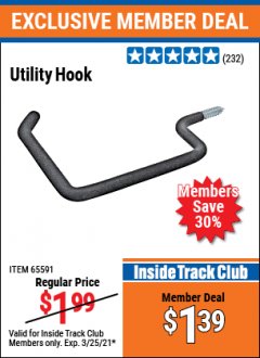 Harbor Freight ITC Coupon UTILITY HOOK Lot No. 65591 Expired: 3/25/21 - $1.39