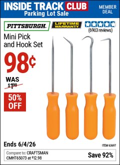 Harbor Freight ITC Coupon PITTSBURGH MINI PICK AND HOOK SET Lot No. 63697/66836/94500/63765/34328 Expired: 6/4/26 - $0.98