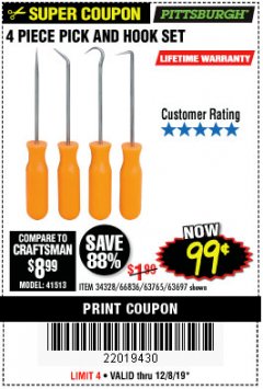 Harbor Freight Coupon 4 PIECE PICK AND HOOK SET Lot No. 63697/66836/34328/63765 Expired: 12/8/19 - $0.99