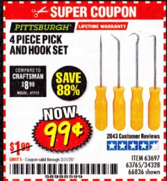 Harbor Freight Coupon 4 PIECE PICK AND HOOK SET Lot No. 63697/66836/34328/63765 Expired: 3/31/20 - $0.99