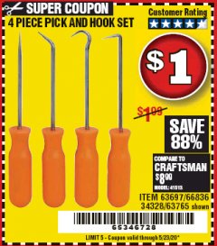 Harbor Freight Coupon 4 PIECE PICK AND HOOK SET Lot No. 63697/66836/34328/63765 Expired: 6/30/20 - $0.01