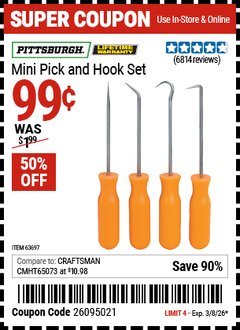 Harbor Freight Coupon PITTSBURGH MINI PICK AND HOOK SET Lot No. 63697/66836/94500/63765/34328 Valid Thru: 3/8/26 - $0.99
