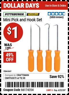 Harbor Freight Coupon PITTSBURGH MINI PICK AND HOOK SET Lot No. 63697/66836/94500/63765/34328 Valid Thru: 4/22/26 - $1