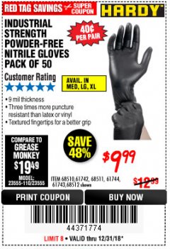 Harbor Freight Coupon 9 MIL POWDER-FREE NITRILE INDUSTRIAL GLOVE PACK OF 50 Lot No. 68510/61742/68511/61744/68512/61743 Expired: 12/31/18 - $9.99