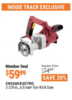 Harbor Freight ITC Coupon CHICAGO ELECTRIC 3-3/8 IN. 6.8 AMP TOE-KICK SAW Lot No. #62420 Expired: 4/29/21 - $59.99