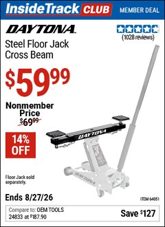 Harbor Freight Coupon DAYTONA STEEL FLOOR JACK CROSS BEAM Lot No. 64051 Valid: 12/31/69 - 8/27/26 - $59.99