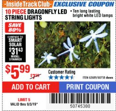 Harbor Freight ITC Coupon 10 PIECE DRAGONFLY SOLAR LED STRING LIGHTS Lot No. 60758/62689 Expired: 9/3/19 - $5.99