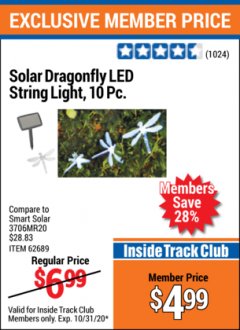 Harbor Freight ITC Coupon 10 PIECE DRAGONFLY SOLAR LED STRING LIGHTS Lot No. 60758/62689 Expired: 10/31/20 - $4.99