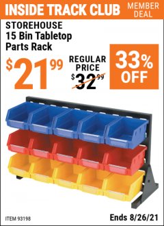 Harbor Freight ITC Coupon 15 BIN TABLETOP PARTS RACK Lot No. 93198 Expired: 8/26/21 - $21.99