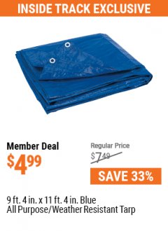 Harbor Freight ITC Coupon 9 FT. 4 IN. X 11 FT. 4 IN. BLUE ALL PURPOSE/WEATHER RESISTANT TARP Lot No. 878 Expired: 5/31/21 - $4.99