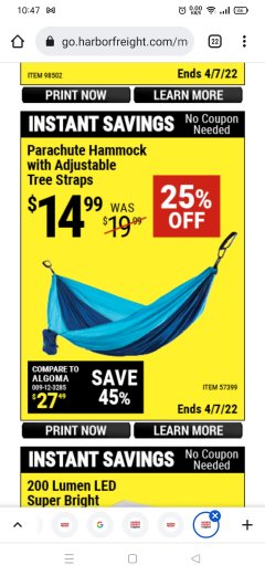 Harbor Freight Coupon PARACHUTE HAMMOCK WITH ADJUSTABLE TREE STRAPS Lot No. 57399 Expired: 4/7/22 - $14.99