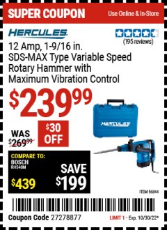Harbor Freight Coupon 12 AMP 1-9/16 IN. SDS MAX-TYPE VARIABLE SPEED ROTARY HAMMER Lot No. 56844 Expired: 10/30/22 - $239.99