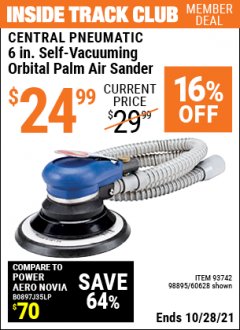 Harbor Freight ITC Coupon CENTRAL PNEUMATIC 6 IN. SELF ORBITAL PALM AIR SANDER Lot No. 60628, 98895, 93742 Expired: 10/28/21 - $24.99