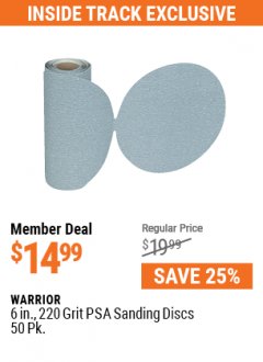 Harbor Freight ITC Coupon 6 IN., 220 GRIT PSA SANDING DISCS 50 PK. Lot No. 60661, 33928, 68158 Expired: 5/31/21 - $14.99