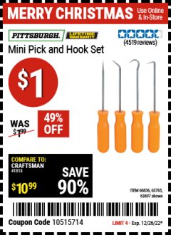 Harbor Freight Coupon PITTSBURG MINI PICK AND HOOK SET Lot No. 63697, 66836, 94500, 63765, 34328 Expired: 12/26/21 - $1