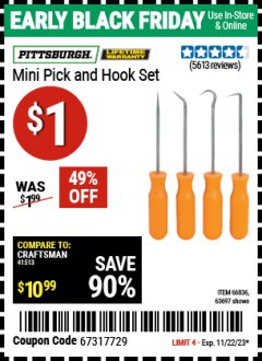 Harbor Freight Coupon PITTSBURG MINI PICK AND HOOK SET Lot No. 63697, 66836, 94500, 63765, 34328 Expired: 11/22/23 - $1