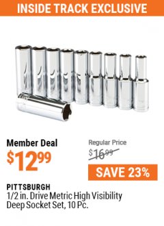 Harbor Freight ITC Coupon PITTSBURG 1/2 IN. DRIVE METRIC HIGH VISIBILITY DEEP SOCKET SET, 10 PC. Lot No. 67873, 61286 Expired: 5/31/21 - $12.99
