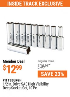 Harbor Freight ITC Coupon PITTSBURG 1/2 IN. DRIVE SAE HIGH VISIBILITY DEEP SOCKET SET, 10 PC. Lot No. 67877, 61296 Expired: 5/31/21 - $12.99
