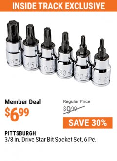 Harbor Freight ITC Coupon PITTSBURG 3/8 IN. DRIVE STAR BIT SOCKET SET, 6 PC. Lot No. 67886, 94188 Expired: 5/31/21 - $6.99