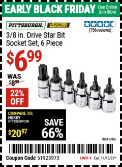 Harbor Freight Coupon PITTSBURG 3/8 IN. DRIVE STAR BIT SOCKET SET, 6 PC. Lot No. 67886, 94188 Expired: 11/13/22 - $6.99