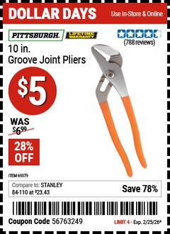 Harbor Freight Coupon PITTSBURGH 10 IN. GROOVE JOINT PLIERS Lot No. 69379 Valid Thru: 2/25/26 - $5