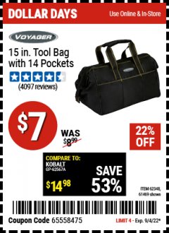 Harbor Freight Coupon 15" TOOL BAG Lot No. 61469/94993/62348/62341 Expired: 9/4/22 - $7