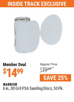 Harbor Freight ITC Coupon WARRIOR 6 IN., 80 GRIT PSA SANDING DISCS, 50 PK. Lot No. 69959, 3843, 68159 Expired: 5/31/21 - $14.99