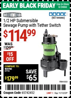 Harbor Freight Coupon DRUMMOND 1/2 HP SUBMERSIBLE SEWAGE PUMP WITH TETHER SWITCH Lot No. 63323 Expired: 11/12/23 - $114.99
