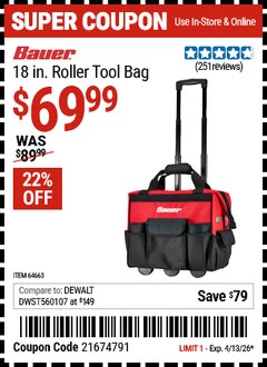 Harbor Freight Coupon BAUER 18 IN. ROLLER TOOL BAG Lot No. 64663 Valid Thru: 4/13/26 - $69.99