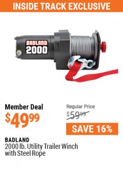 Harbor Freight ITC Coupon BADLAND 2000 LB. UTILITY TRAILER WINCH WITH STEEL ROPE Lot No. 57365 Expired: 7/1/21 - $49.99