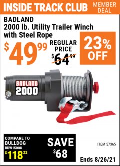 Harbor Freight ITC Coupon BADLAND 2000 LB. UTILITY TRAILER WINCH WITH STEEL ROPE Lot No. 57365 Expired: 8/26/21 - $49.99