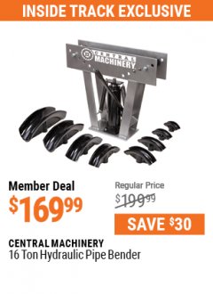 Harbor Freight ITC Coupon CENTRAL MACHINERY - 16 TON HYDRAULIC PIPE BENDER Lot No. 63356 Expired: 7/1/21 - $169.99
