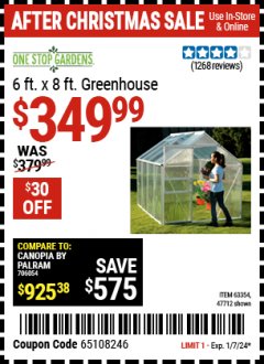 Harbor Freight Coupon 6 FT. x 8 FT. ALUMINUM GREENHOUSE Lot No. 47712/69714 Expired: 1/7/24 - $349.99