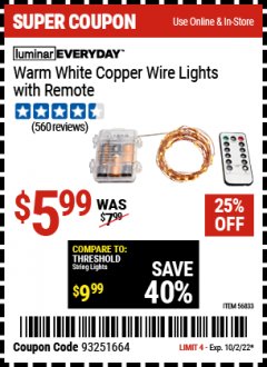 Harbor Freight Coupon WARM WHITE COPPER WIRE LIGHTS WITH REMOTE Lot No. 56833 Expired: 10/2/22 - $5.99