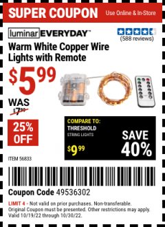 Harbor Freight Coupon WARM WHITE COPPER WIRE LIGHTS WITH REMOTE Lot No. 56833 Expired: 10/30/22 - $5.99